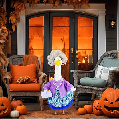 Abbylike Halloween Porch Goose Outfits Old Lady Goose Clothes with Sunglasses Pearl Necklace and Silver Wig for 23" Geese Halloween Outdoor Patio Yard Lawn Decoration