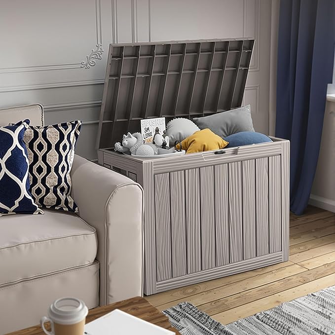 45 Outdoor Storage Box, Waterproof Resin Deck Box with Side Handles, Lockable Outdoor Bench for Indoor & Outdoor Use, Storage Bin for Patio Cushions, Garden Tools, Package Delivery, Grey