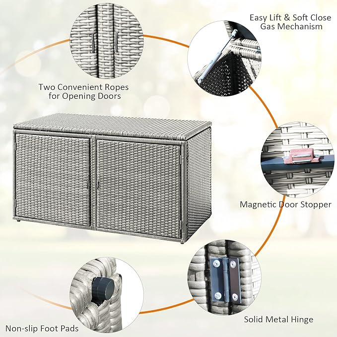 HAPPYGRILL Deck Box Outdoor Patio Pool Storage Box Outside Rattan Wicker Storage Bin Cabinet with Steel Frame Shelf for Garden Balcony Porch Yard Furniture Tools