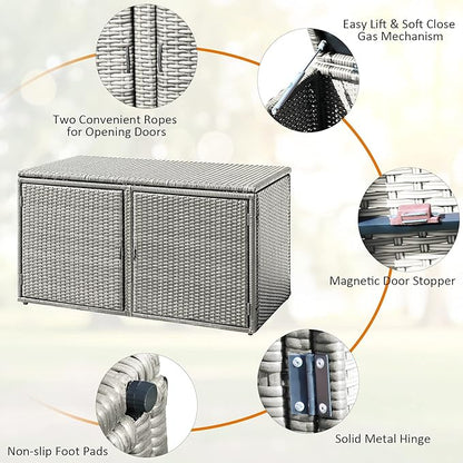 HAPPYGRILL Deck Box Outdoor Patio Pool Storage Box Outside Rattan Wicker Storage Bin Cabinet with Steel Frame Shelf for Garden Balcony Porch Yard Furniture Tools