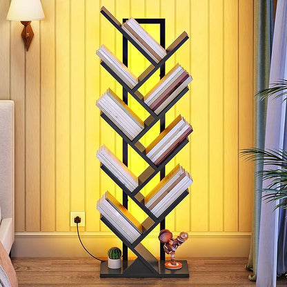 HOOBRO Tree Bookshelf, 9-Tier Tree Bookshelf with Lights, Space-Saving Book Shelf, Holds Books, CDs, Floor Standing Bookcase for Office, Living Room, Bedroom, Black BB08DSJ01