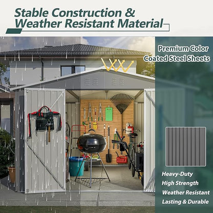 10x10 FT Outdoor Storage Shed, Large Metal Garden Shed with Lockable Hinged Doors, Outside Tool Shed with Sloped Roof & 4 Air Vents, Waterproof Storage Building for Backyard, Patio, Lawn, Gray