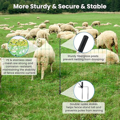 Electric Fence Netting, 42.5" H x 164'L, Portable Livestock Fencing Used in Backyards, Farms and Ranches, Electric Netting Fence for Cattle, Sheep, Goat, Hogs, Net Fencing with 14 Posts Double Spiked