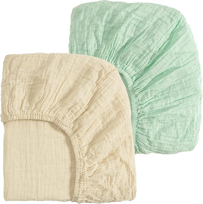david's kids Muslin Mini Crib Sheets, 2 Pack Cotton Pack N Play Sheets for Boys Girls Neutral, Soft Breathable Baby Sheets Fit Pack N Play, Playard and Mini Crib Mattresses, Beige & Green