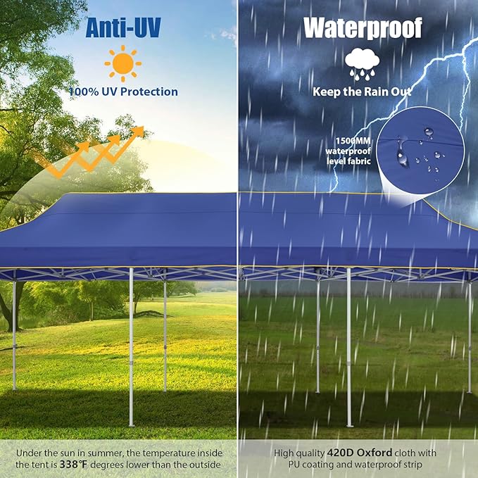 HOTEEL 10x30 Pop up Canopy Tent for Parties, Heavy Duty Easy Setup Tent Without Sidewalls, Outdoor Commercial Instant Gazebo, with Portable Bag, Dark Blue(Hexagonal Frame)