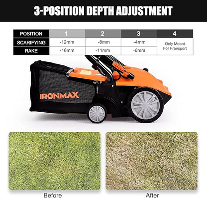 ARNOT Lawn Dethatcher & Scarifier, 2-in-1 Electric Corded Lawn Dethatcher, 13-Inch 12Amp Lawn Scarifier, 3-Position Raking Depth, w/40L Collection Bag & 2 Removable Blades, Orange
