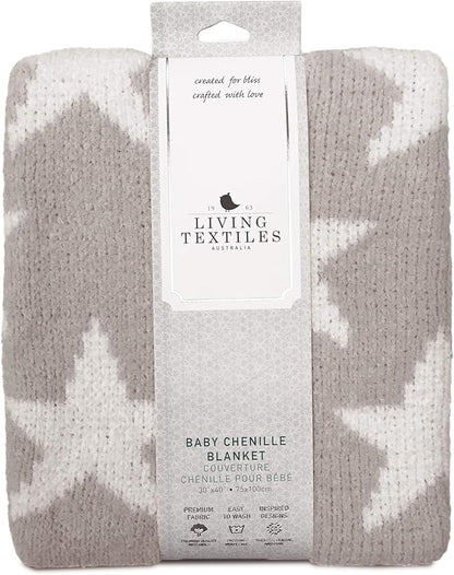 Living Textiles Grey Stars Chenille Soft Baby Blanket Reversible Premium Cozy Fabric for Best Comfort - for Infant,Toddler,Newborn,Nursery,Boy,Girl,Unisex,Throw,Crib,Stroller,Gift, Grey Stars 40x30