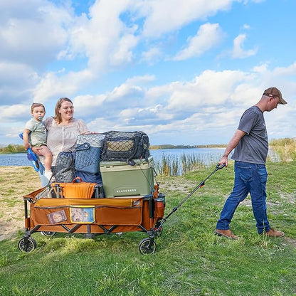 Timber Ridge 51.2'' Extended Collapsible Wagon Cart with Brakes and Cargo Net, 500LBS Heavy Duty Foldable Utility Wagon with Adjustable Handle, 400L Capacity Portable Cart for Camping Sports, Orange