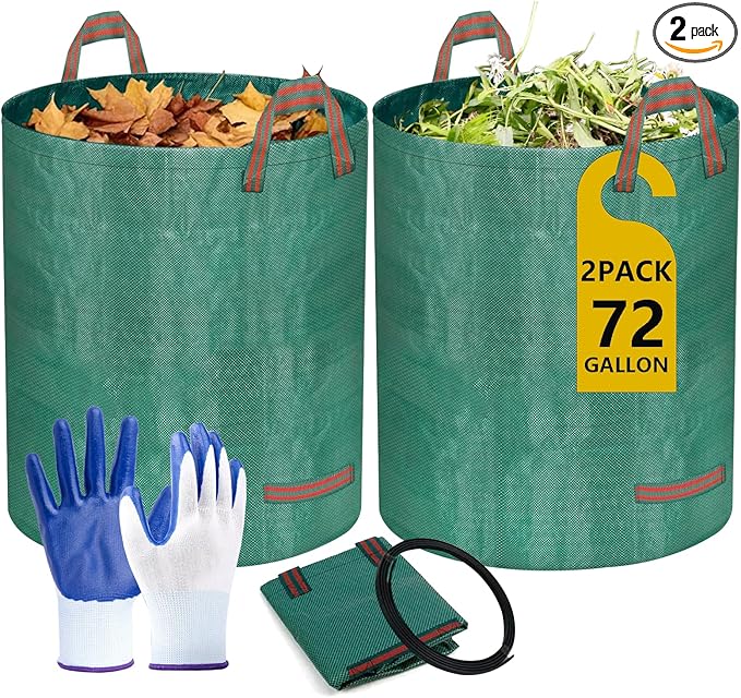 Reusable Yard Waste Bags, 72 Gallon Lawn and Leaf Bags 2 Pack with Reinforced Handles and Gardening Gloves, Heavy Duty Standable Garden Waste Bags for Leaves, Grass, Camping, Recycling