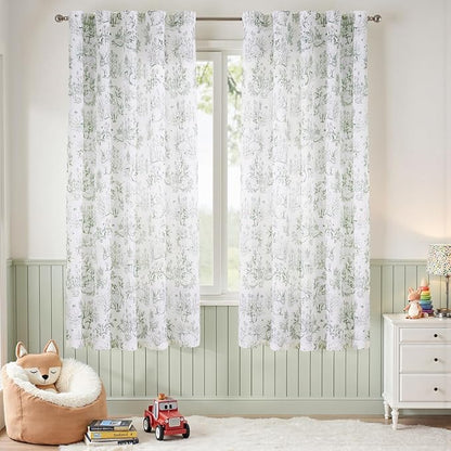 jinchan Linen Nursery Curtains 72 inch Long Woodland Wildlife Sage Green Print Drapes for Kid's Room Light Filtering French Country Farmhouse Curtains with Bunny and Forest Design Set of 2 Panels