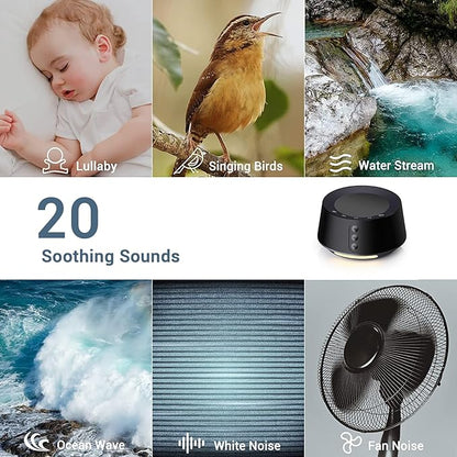BGOVERSS White Noise Sound Machine with 20 Soothing Sounds, 10 Colors Night Light Sleep Machines Home Office Travel, 5 Timers and Memory Feature Sound Machine for Nursery Baby Kids Adults (Black)
