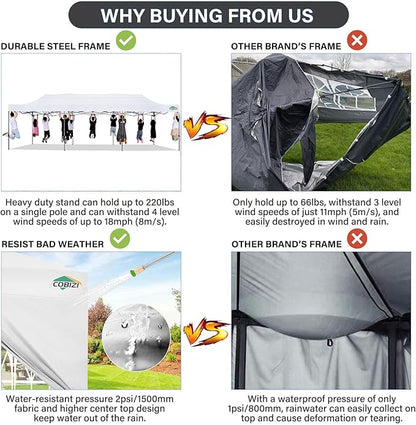 COBIZI 10x30 Pop up Canopy Tent 10x30 Canopy with 8 Sidewalls Waterproof Heavy Duty Commercial Canopy Tent for Parties Outdoor Tent Garden Gazebo Tent, Carry Bag with Wheel(10x30ft, White)