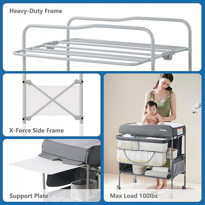 Sweeby Portable Baby Changing Table, Foldable Diaper Changing Station with Waterproof Pad, Mobile Nursery Organizer for Infant & Newborn Essentials, Dark Grey