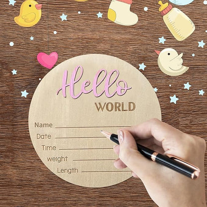 Baby Announcement Sign, 5.9 Inch Wooden Hello World Newborn Signs, Birth Announcement Sign, Baby Shower Hospital Nursery for Newborn Boys and Girls… (Light Pink)