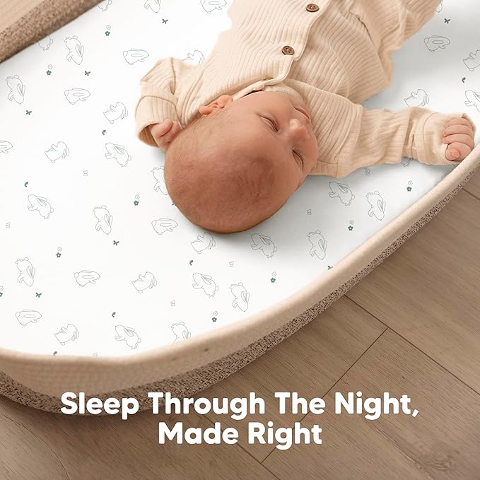 2-Pack Baby Bassinet Sheets Girl, Boy - 33x17 Viscose Derived from Bamboo Bedside Mattress Fitted Bassinet Sheets, Compatible with Halo Bassinest Swivel Sleeper, Baby Delight, Graco (Bunnies)