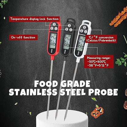 3 Pcs Instant Read Meat Thermometer with Long Probe 9.65 Inch Kitchen Cooking Food Candy Waterproof Digital Thermometer for BBQ Water Milk Yogurt Liquid Cooking (Black,White,Red)
