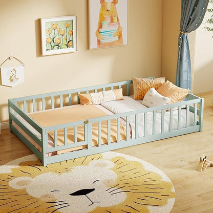 KOMFOTT Twin Size Wood Floor Bed with Door & Fence, Montessori Bed Frame with Full Length Safety Guardrails, Door & Latch, Wooden Montessori Floor Bed for Kids, Girls, Boys (Twin,Light Green)