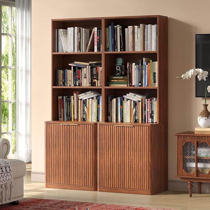 71" Walnut Bookcase with Doors, 5 Tier Fluted Tall Bookshelf with Storage, Librero with Cabinet for Home Office, Living Room,or Bedroom
