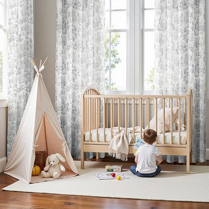 jinchan Linen Nursery Curtains 96 inch Long Woodland Wildlife Grey Print Drapes for Kid's Room Light Filtering French Country Farmhouse Gray Curtains with Bunny and Forest Design Set of 2 Panels