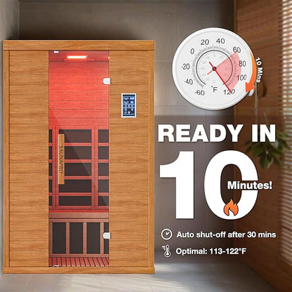2- Person Infrared Sauna, Remotely Controllable Indoor Sauna, Low EMF 1500W/120V LCD Heater, WiFi & BT Control, 9-Color Light Therapy, Safe Flame-Retardant Material, Wood