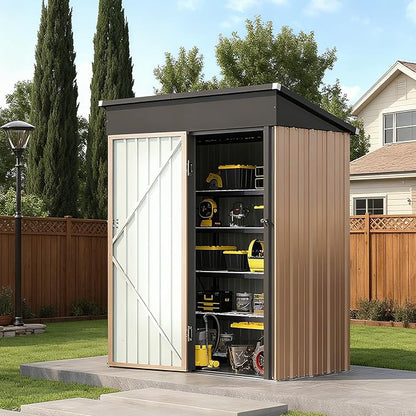 5x3FT Outdoor Storage Shed, Metal Garden Tool Shed with Sloping Roof & Lockable Door (Brown，5'x3')