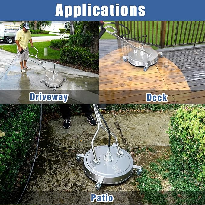 janz 20" Pressure Washer Surface Cleaner with 4 Wheels,Dual Handle,Stainless Steel Housing, 4 Replacement Nozzles and 2 Hose Adapters,Ideal for Driveways, Sidewalks,Patios,Decks Cleaning