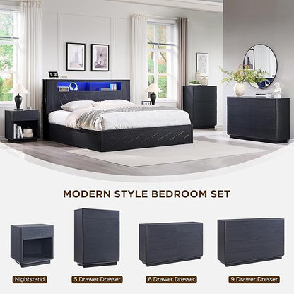 ACCOHOHO Modern 9 Drawer Dresser for Bedroom, 52" Wide Wooden Dressers with Large Storage,Handleless Chest of Drawers TV Stand for Living Room & Hallway, Curved Profile Design, Black