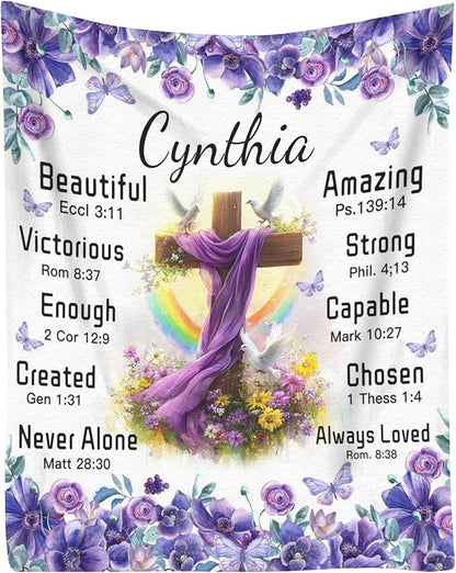Customized Blankets with Name Personalized Baby Blankets Plush Baptism Blanket Scripture Quote Swaddle Bible Verse Blanket Christian Gift for Girls Birthday Christmas Christening Godchild Gifts