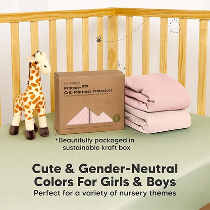 Waterproof Crib Mattress Protector Cover Fitted - 2-Pack Quiet Baby Crib Mattress Pad Sheets, 52" x 28" Soft Quilted Cotton Baby Sheet, Machine Washable, Easy Fit, Durable (Mist Rose/Quin)