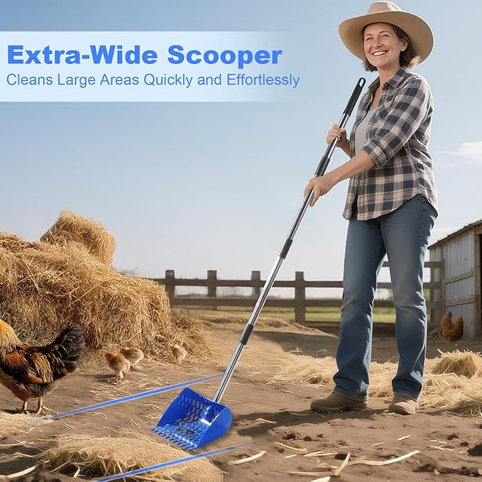2025 Design 2 in 1 Chicken Poop Scooper – Adjustable 26“ to 68” Stainless Steel Handle, Heavy-Duty Waste Scoop with Built-in Rake Durable Design for Backyard Chicken Coops