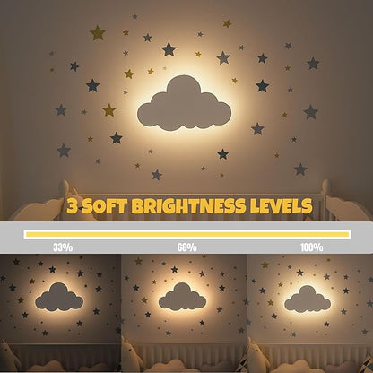 Nursery Night Light – Dimmable Cloud Wall Light for Kids and Baby Room Decor – Rechargeable LED Light with Touch Control for Bedtime Routines (Star Decals Included)