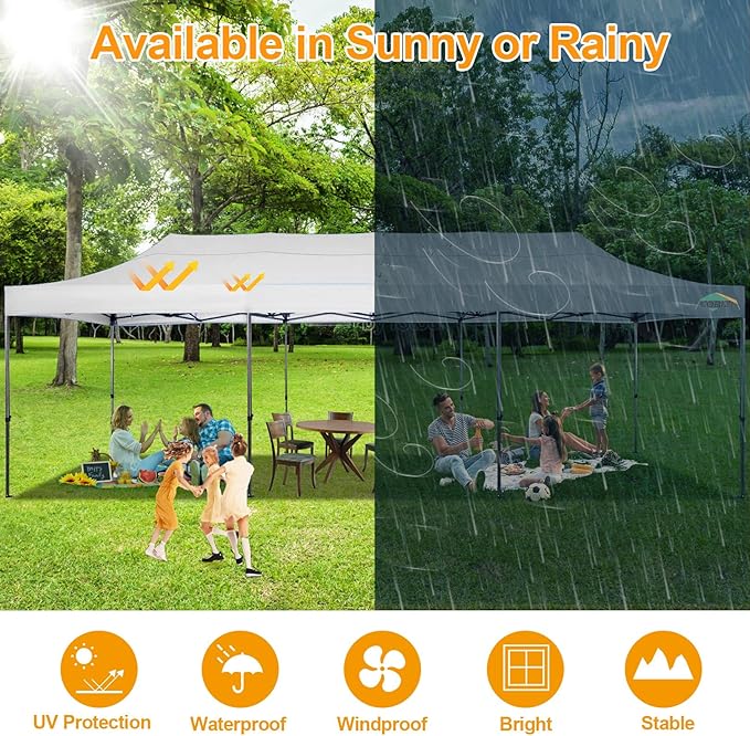 COBIZI 10x30 Pop Up Canopy Without Sidewall,Heavy Duty Canopy UPF 50+ All Season Wind Waterproof Commercial Outdoor Wedding Party Tents for Parties Gazebo with Roller Bag(10 x 30 ft White)