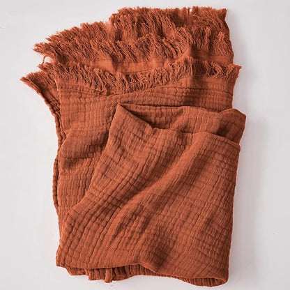 Simple&Opulence Cotton Muslin Throw Blanket for Bed, Couch, Knit Woven Gauze Blanket with Tassels, Soft Lightweight Cozy Pre-Washed Breathable Farmhouse Decoration for All-Season (Rust Orange)