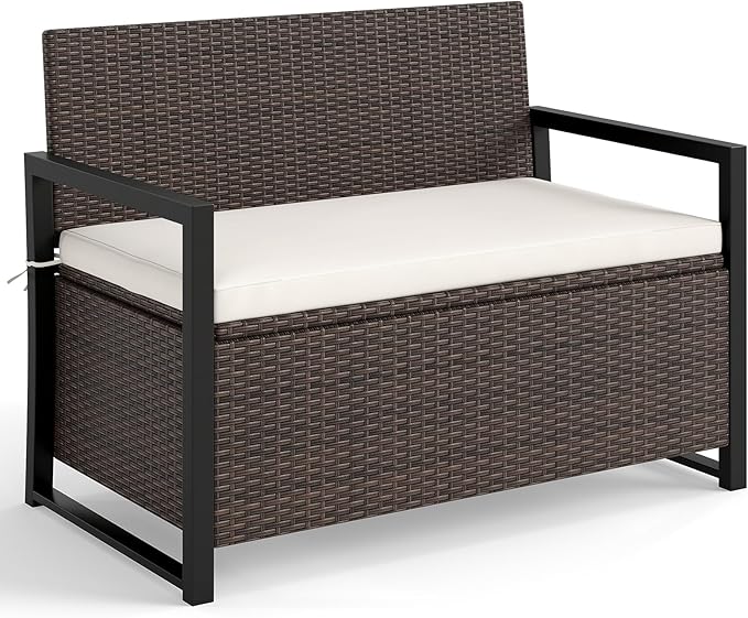 RELAX4LIFE Wicker Outdoor Bench with Storage - Rattan Deck Box w/Protective Liner for Pillows, Pool Supplies, Garden Tools, Patio Loveseat with Seat Cushion & Metal Armrests for Backyard Porch Balcony