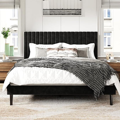 Full Size Bed Frame with Velvet Upholstered Headboard, Platform Bed with Strong Wood Slats, Mattress Foundation, Box Spring Optional, Easy Assembly, Black