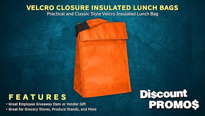 DISCOUNT PROMOS 10 Hook and Loop Insulated Lunch Bags Set - Polyester, Durable, Vibrant, Reusable - Orange