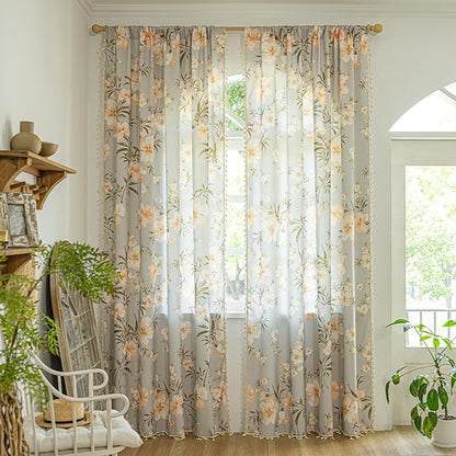 ENJOYBRIDAL Floral Curtains 96 Inches Long Living Room Bedroom Drapes Boho Dining Room Semi Sheer Farmhouse Window Curtains 2 Panels Cottage Core Cute Rod Pocket Window Treatments