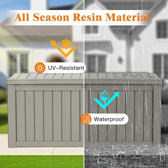 119 Gallon Outdoor Storage Box, Waterproof Deck Box with Handles and Lockable Lid, Resin Patio Storage Box with Hydraulic Rods for Garden Tools, Cushions, Grey