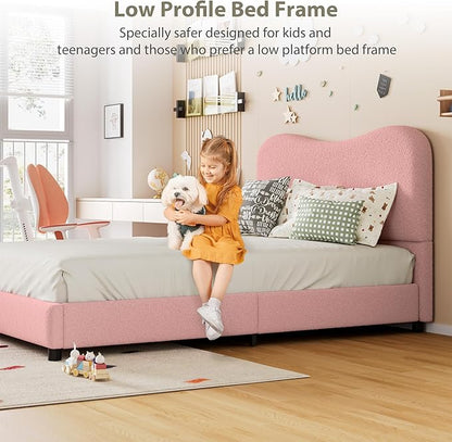Senfot Pink Boucle Bed Frame with Upholstered Headboard, Soft Low Profile Sturdy Platform Bed with Rounded Corners Design, Heavy Duty, Wooden Slats, Noise Free, No Box Spring Needed, Full Size