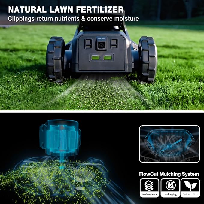 Robot Lawn Mower 21.9V 15000mAh 328.5Wh, 65% Slope, 2400㎡ Mowing Area, AI Vision & RTK Auto-Mapping, 1.18"-3.54" Cutting Height, Smart Collision Avoidance, APP Control, IPX6 Waterproof