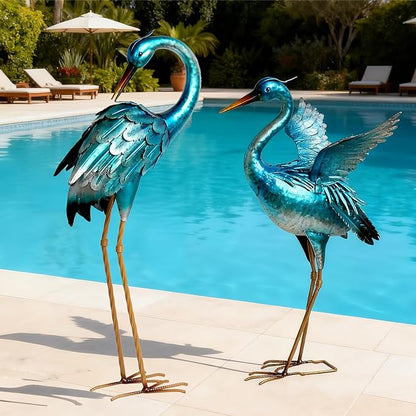 Garden Crane Statues for Outdoor Blue Heron Metal Birds Yard Art Ornaments for Backyard Pond Patio Porch Outside Decorations