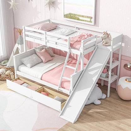 Twin Over Full Bunk Bed with 2 Drawers and Slide, Wood Bunk Bed Frame with Shelves and Ladder, Space Saving Design Bunk Bed for Kids Teens Boys Girls (White-x32c)
