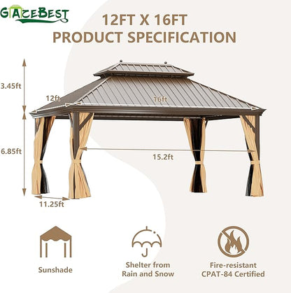 12' X 16' Hardtop Gazebo, Outdoor Galvanized Steel Double Roof Permanent Aluminum Frame Pavilion Pergola Canopy with Privacy Curtains for Garden, Patio, Backyard, Deck and Lawns.