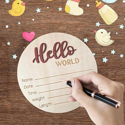 Baby Announcement Sign, 5.9 Inch Wooden Hello World Newborn Signs, Birth Announcement Sign, Baby Shower Hospital Nursery for Newborn Boys and Girls (Tea Red,Pen)