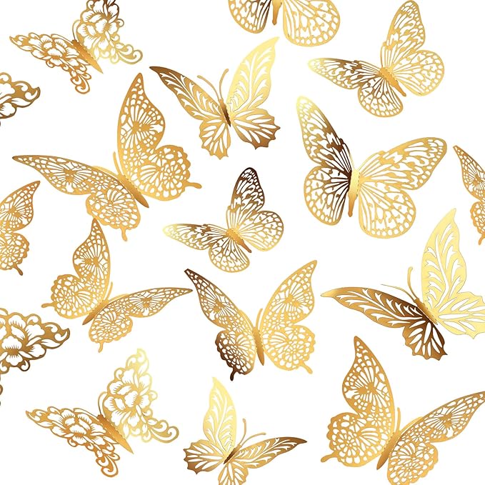 3D Gold Butterfly Wall Decor 3 Sizes 4 Styles Butterfly Party Decorations Cake Decorations Removable Stickers Wall Decor Room Mural Metallic Kids (Gold, 48Pcs)