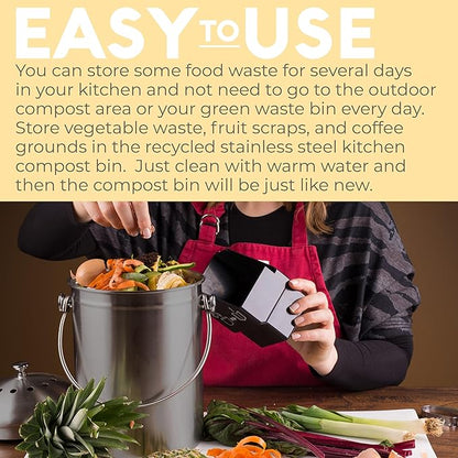 EPICA Countertop Compost Bin Kitchen | 1.3 Gallon | Odorless Composting Bin with Carbon Filters | Indoor Compost Bin with Lid | Stainless Steel Kitchen Composter for Food Scraps & Waste Recycling