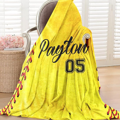 Personalized Softball Kids Blanket with Naumber and Name - Custom Sport Bed Blankets Gift for 0-3 Months Baby Essential - Super Warm and Comfortable 50x60inch