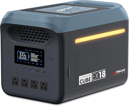 Wagan EL8840 Portable Power Station EX18 Lithium Cube Solar Generator 1229Wh LiFePO4 Battery Fast Charge 1800W 3000W peak AC 100W USB-C for Home Backup, Power Outages, Outdoor Camping, Off-grid