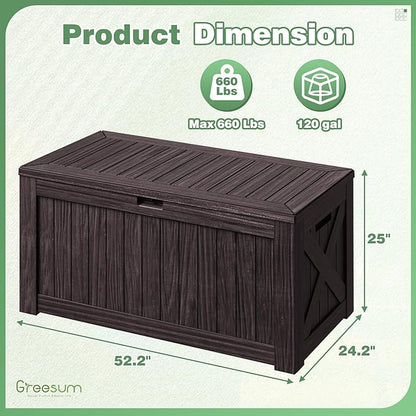 Greesum 120 Gallon Outdoor Storage Box with Lock - Large Resin Deck Box, Reinforced Lid for Garden, Patio, Lawn, Brown