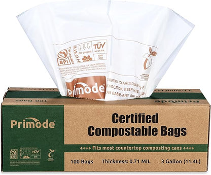 Primode Compostable Bags, 3 Gallon Food Scraps Yard Waste Bags, 100 Count, Extra Thick 0.71 Mil. ASTMD6400 Compost Bags Small Kitchen Trash Bags, Certified By BPI And TÜV AUSTRIA